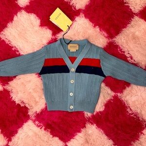 Gucci Light Blue Cardigan with Red and Navy Accents